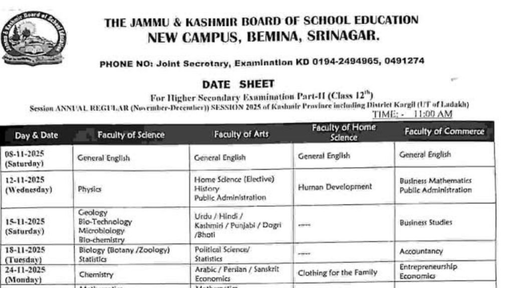 JKBOSE has officially published the 12th class datesheet